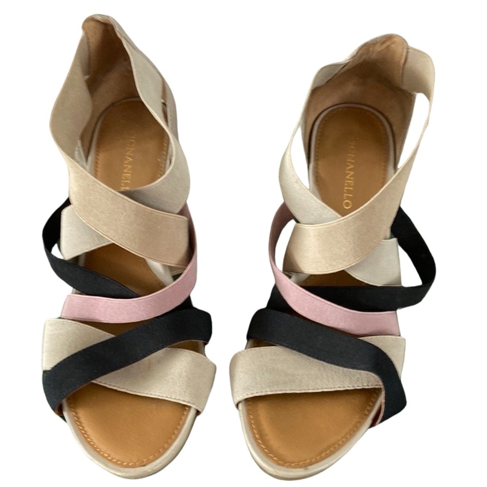 Tignanello Stacked Heels Strappy Office Dressy Black Tan Lavender Shoe Sz 9.5